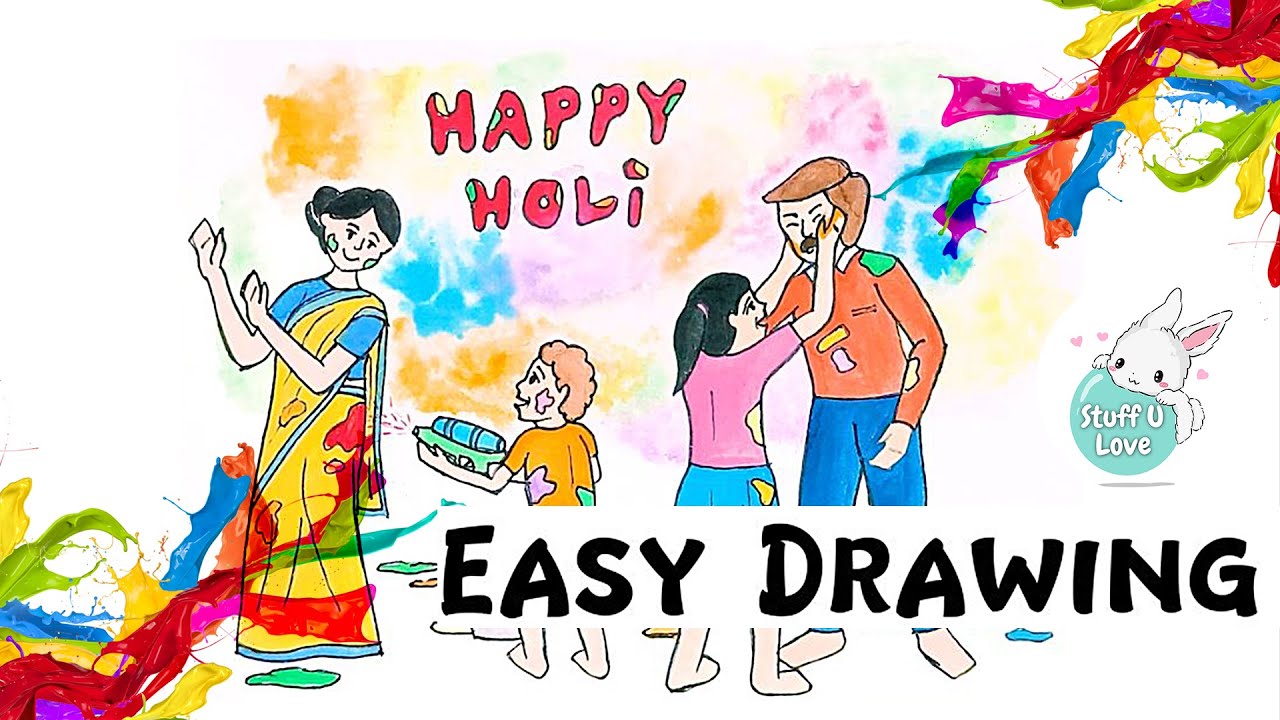 How to draw family celebrating holi festival memory drawing tutorial for beginners