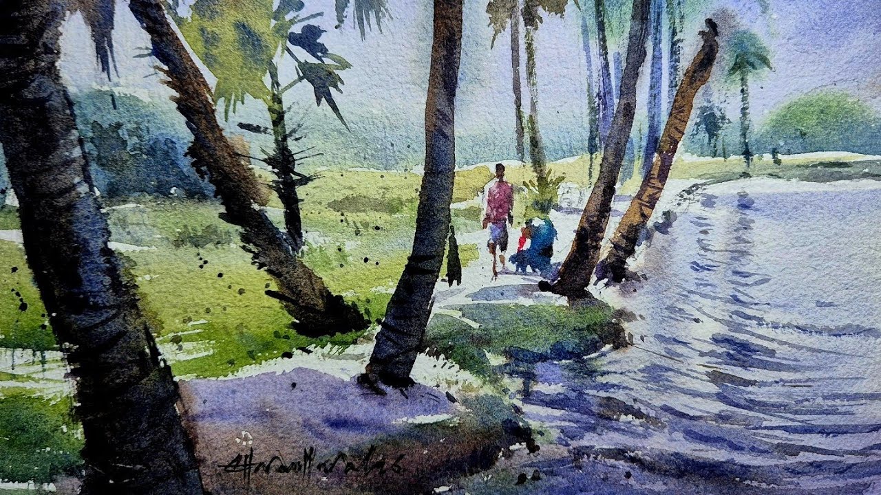 Peaceful village canal scenery watercolor step by step