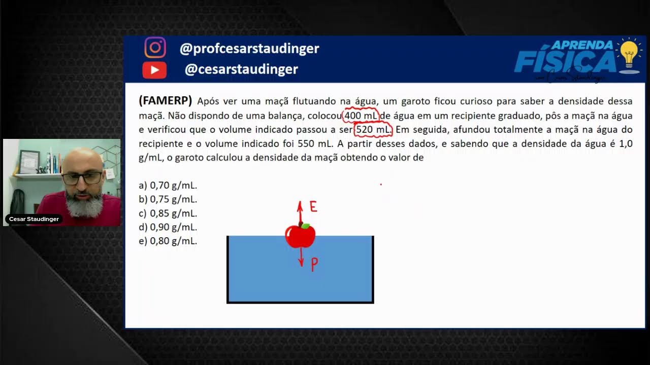 (FAMERP) Após ver uma maçã flutuando na água, um garoto ficou curioso para saber a densidade dessa