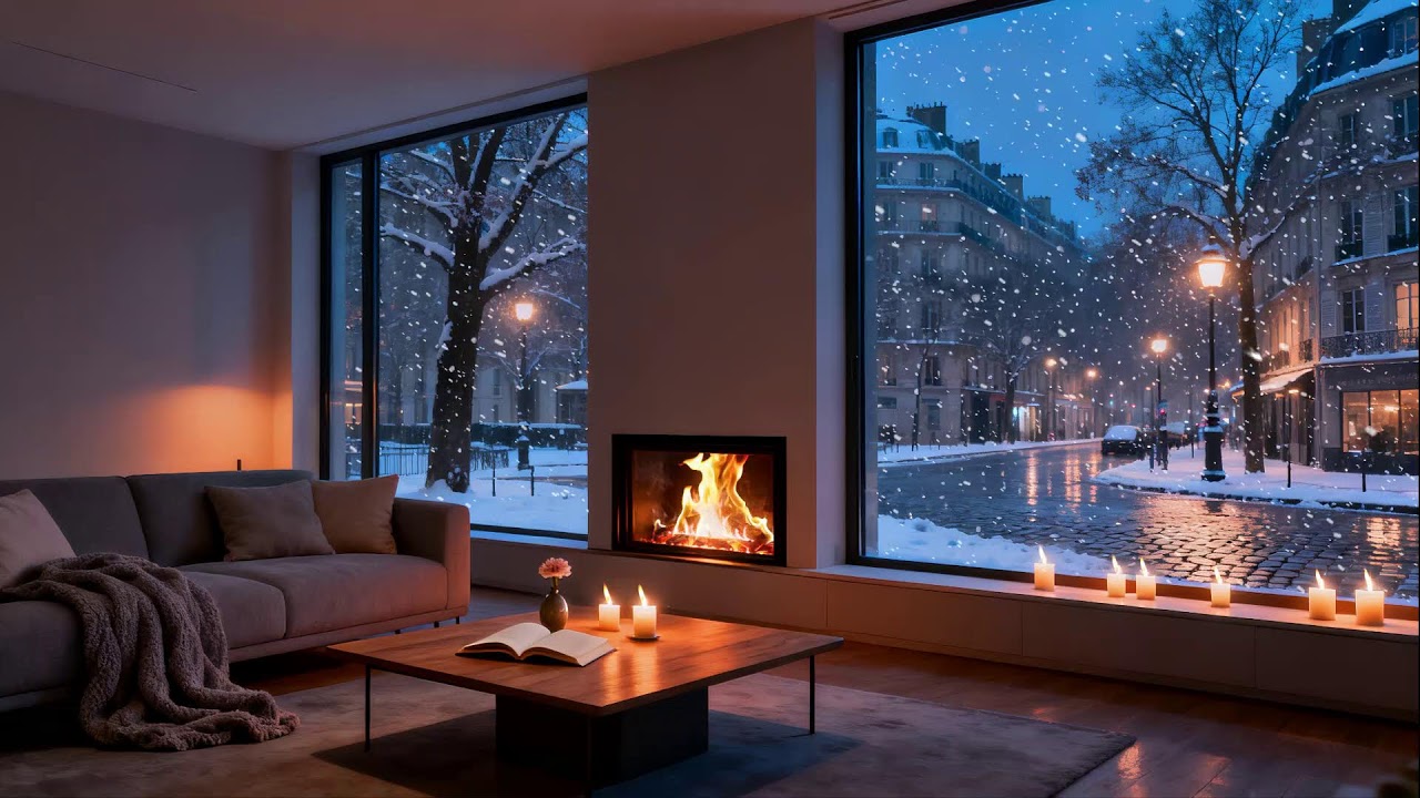Urban Snowy Street View 🌆 + Fireplace Sounds - Work, Learn & Relax