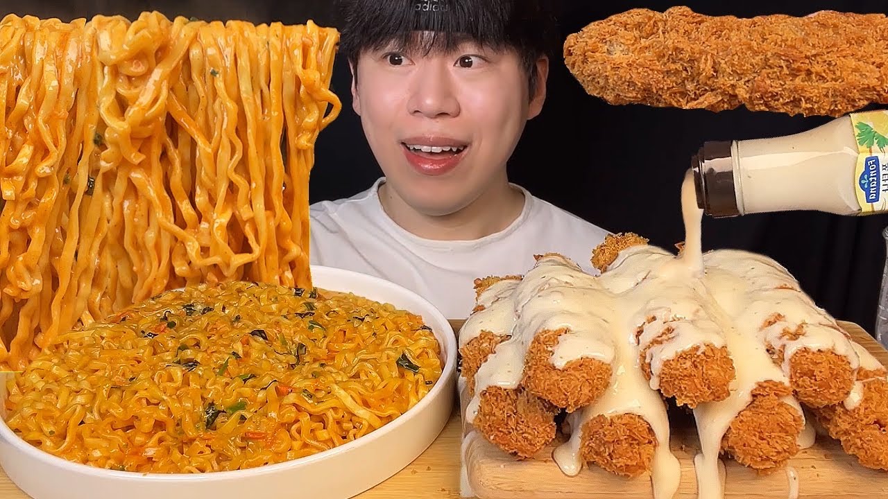 SUB)Корейский сливочный джин джампон и жареные королевские креветки со сливочным соусом мукбанг asmr