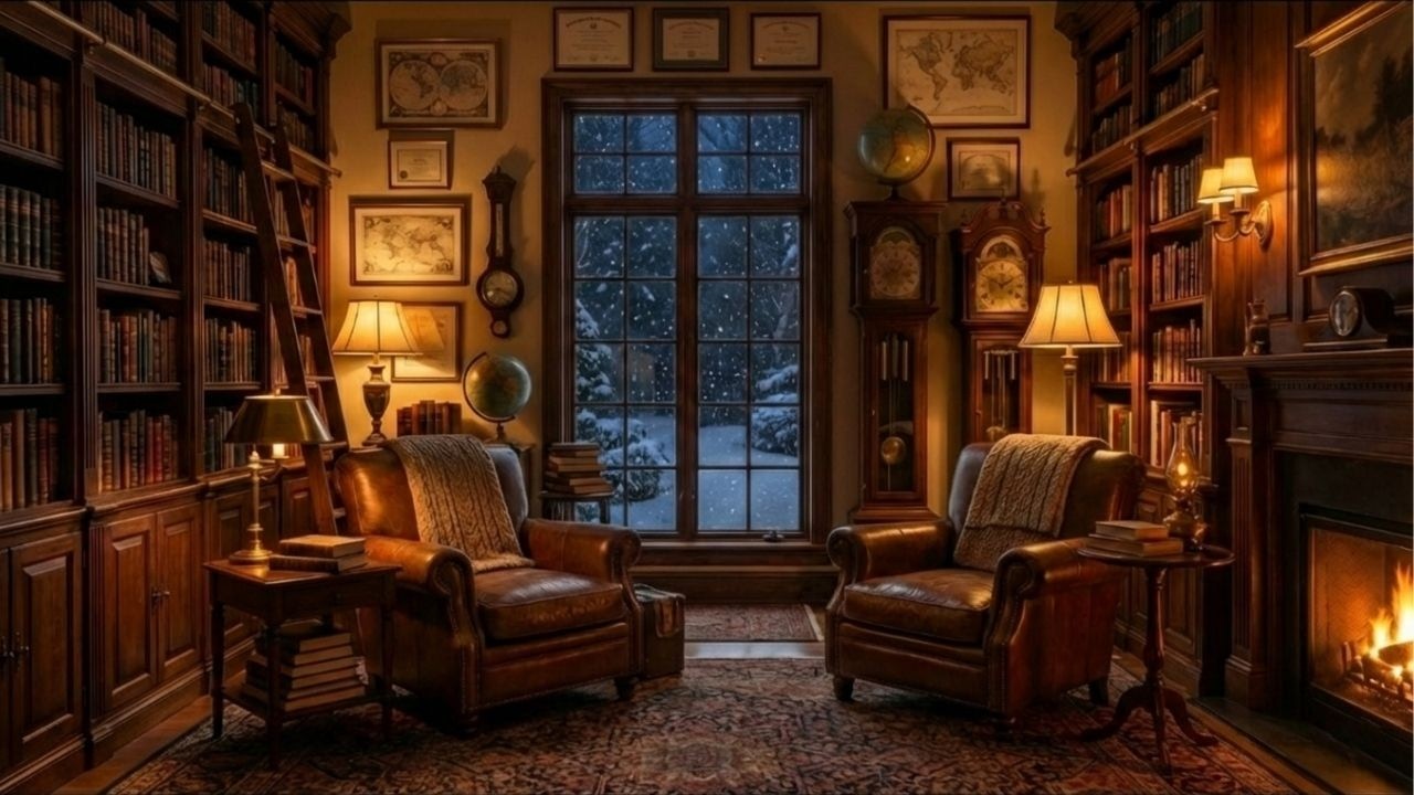 ❄️ Cozy Dark Academia Library | Winter Wind & Crackling Fireplace 🔥 | 3 Hours of Study & Sleep