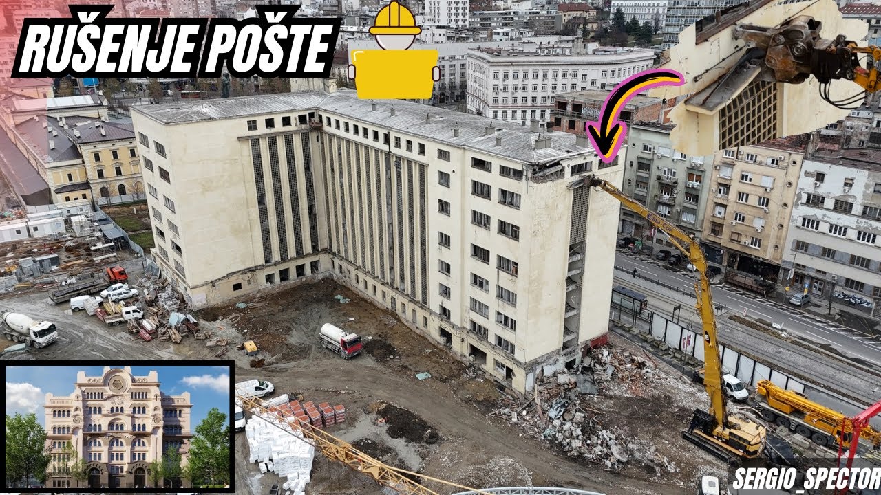 Počelo RUŠENJE POŠTE Mašina se aktivirala, Savski most i kamere u SAVSKOJ ULICI Dronom #beograd