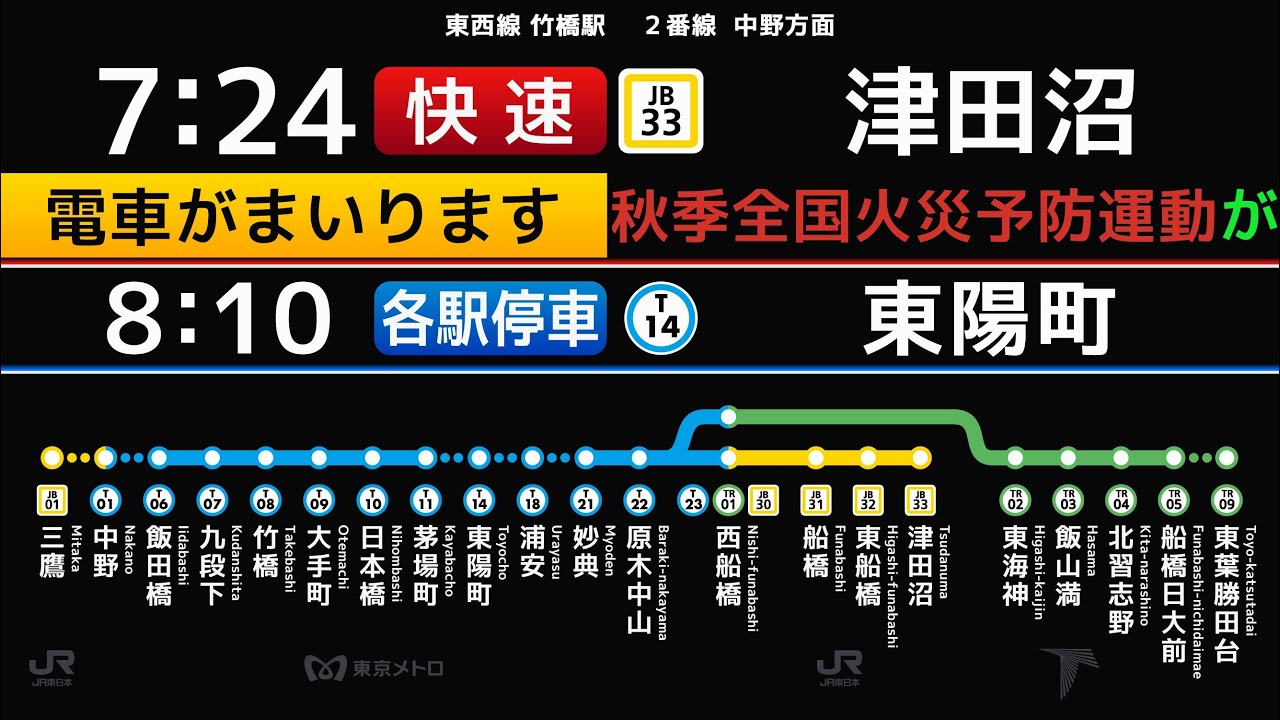 東京メトロ　東西線　大手町駅　接近放送　（発車標再現）