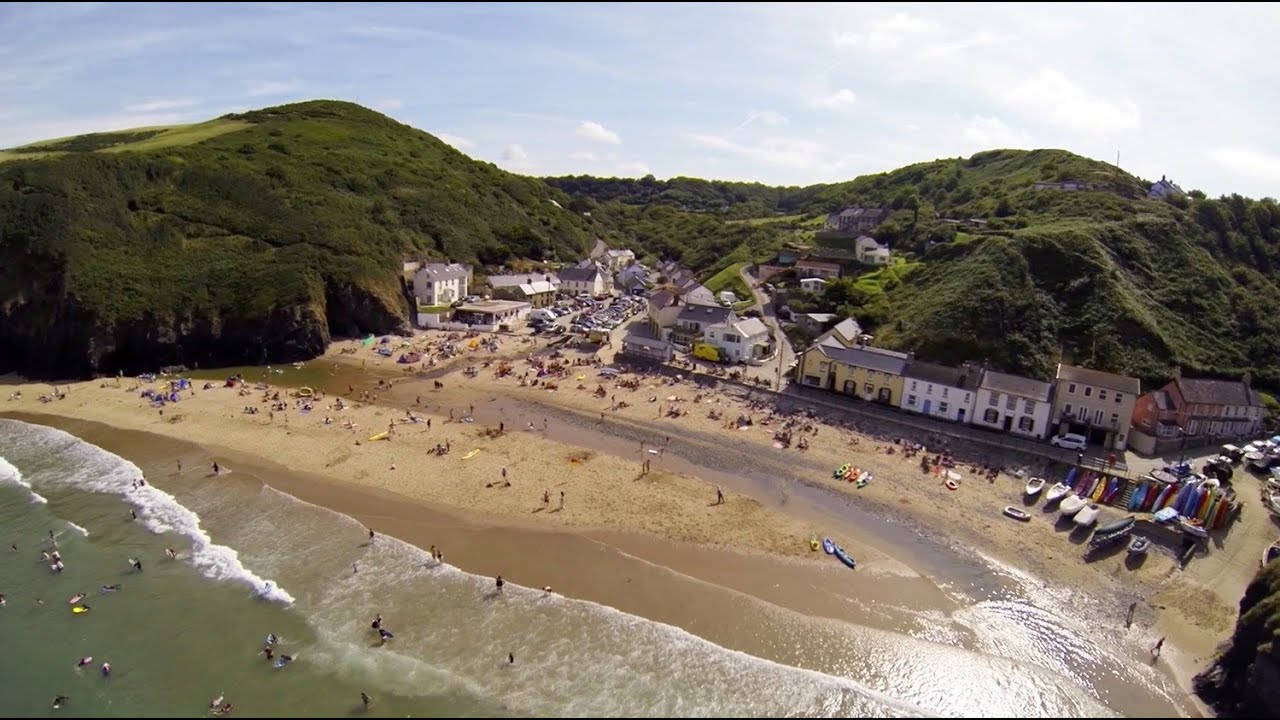 Llangrannog village, beach and campsite from the air