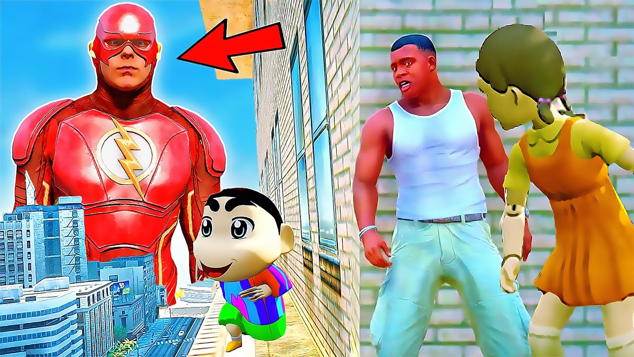 Franklin and Shinchan & Pinchan play HIDE AND KILL with Squid Game Doll In GTA 5