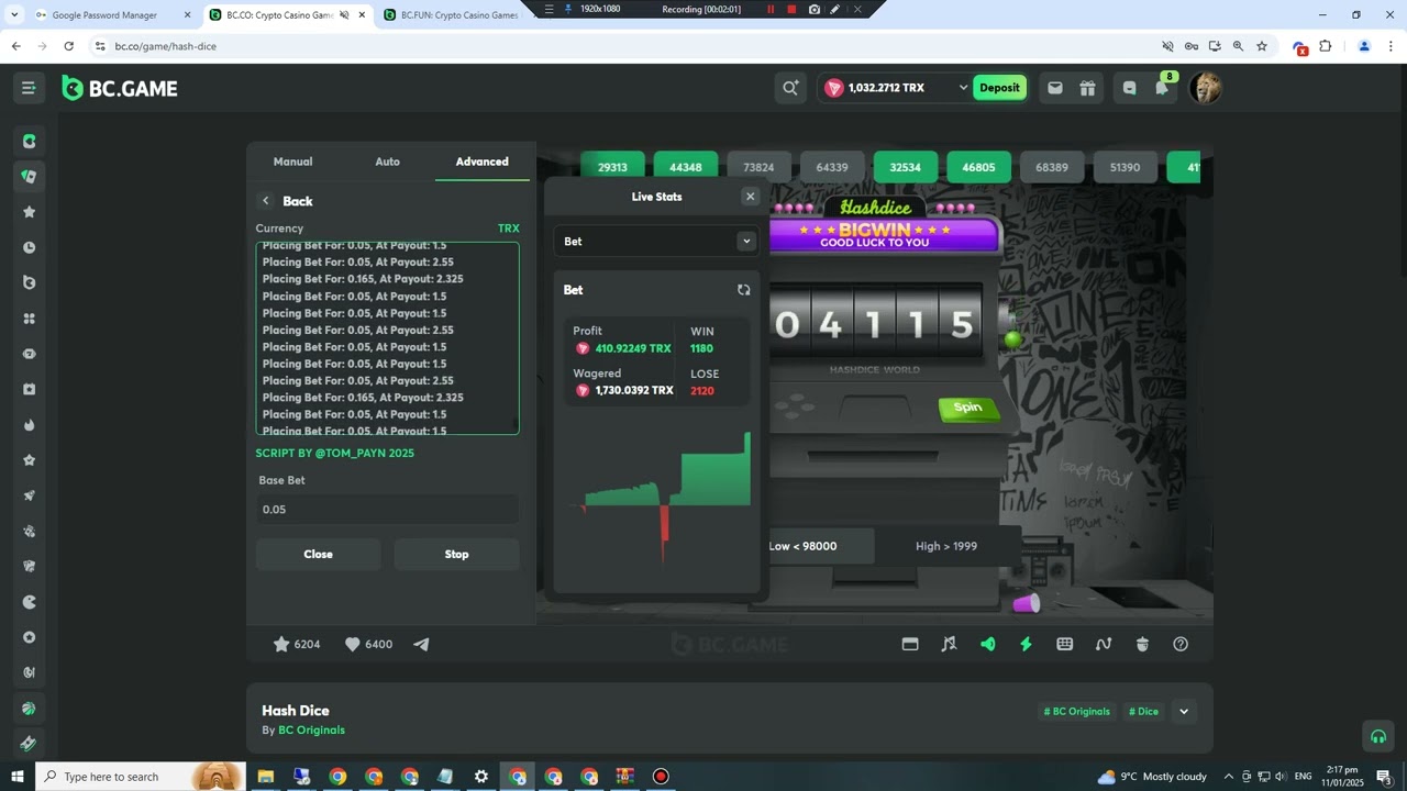Bc Game Hash dice Script | Bc Game Trick to For win | 512 Trx Less then in few mins 