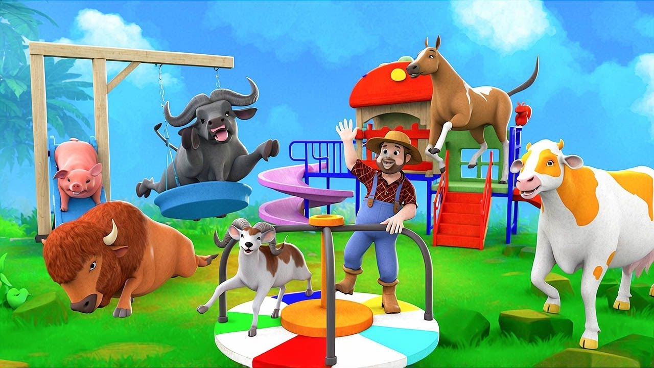 Farm Animals Build a Giant Playground | Cow, Horse, Buffalo & Bison Fun