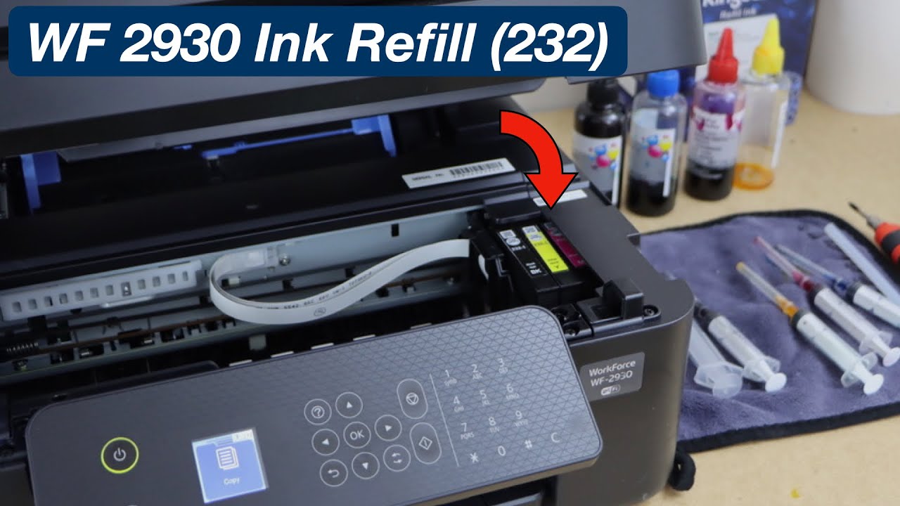 Epson WF 2930 — заправка чернильных картриджей 232 (черные, желтые, пурпурные, синие чернила) и у...