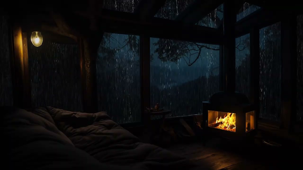 A Quiet Night in a Forest Cabin with Rain and Fireplace Sounds for Sleep, Focus and Calm