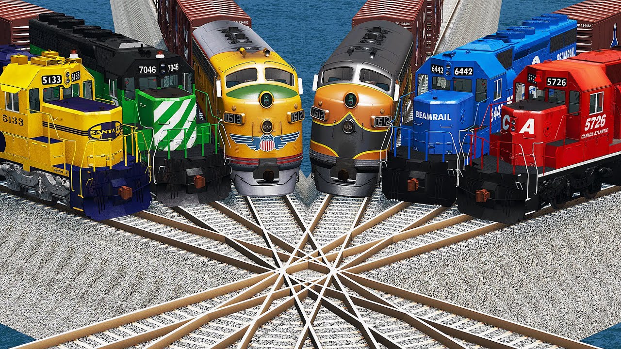 Six Trains vs Impossible Tracks Crossing - BeamNG.Drive