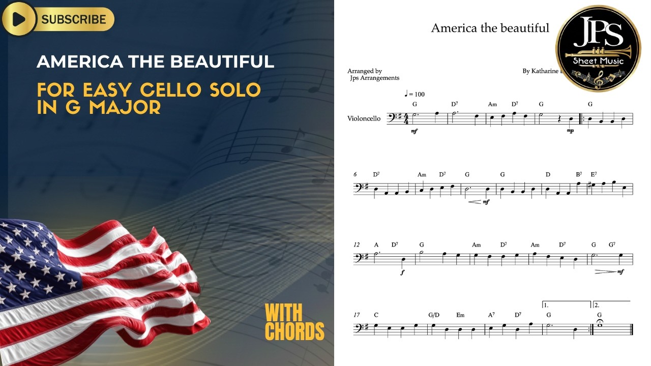 America the Beautiful - Easy Cello Solo - G Major (Sheet Music)