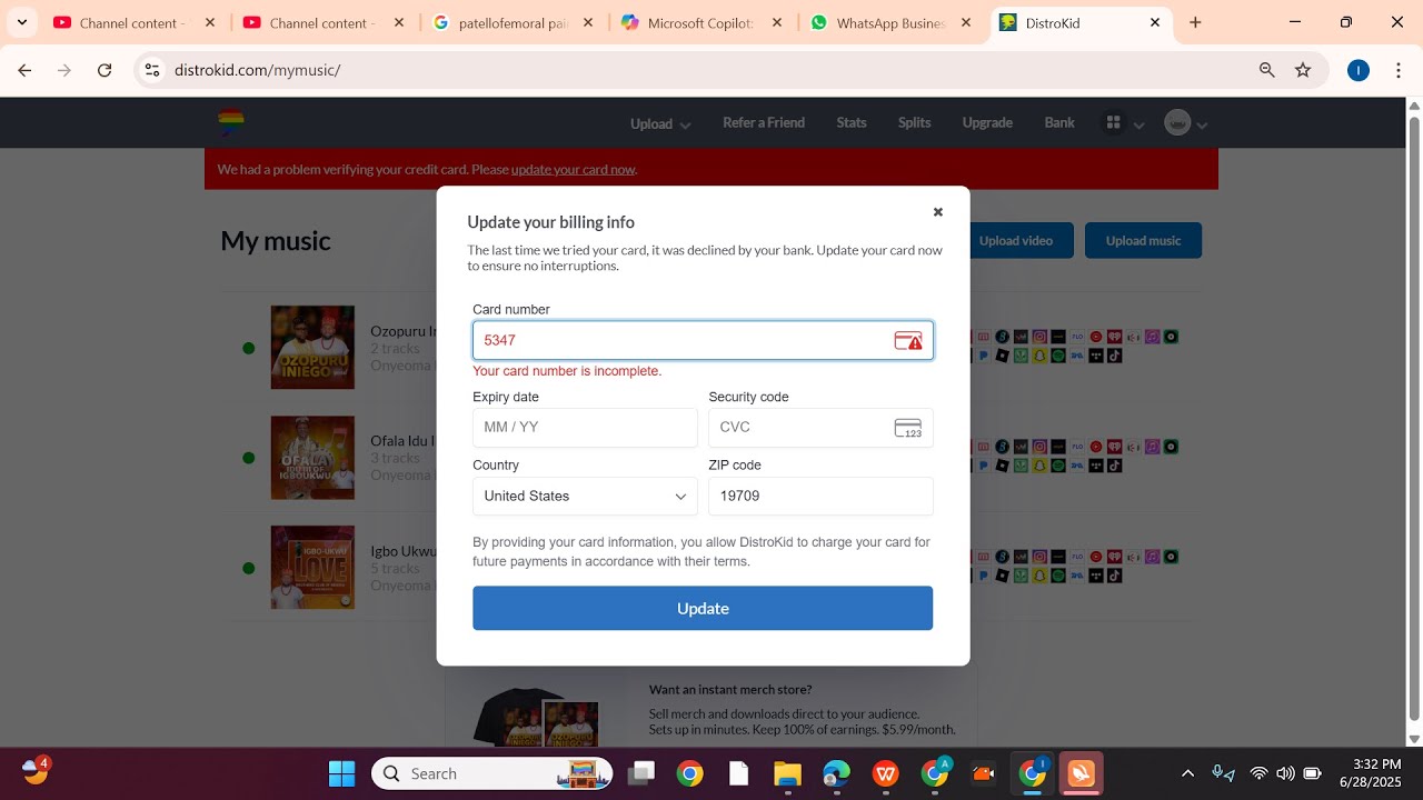 Ошибка DistroKid &mdash; обновите платежную информацию, DistroKid отклоняет вашу банковскую карту &mdash; реш...