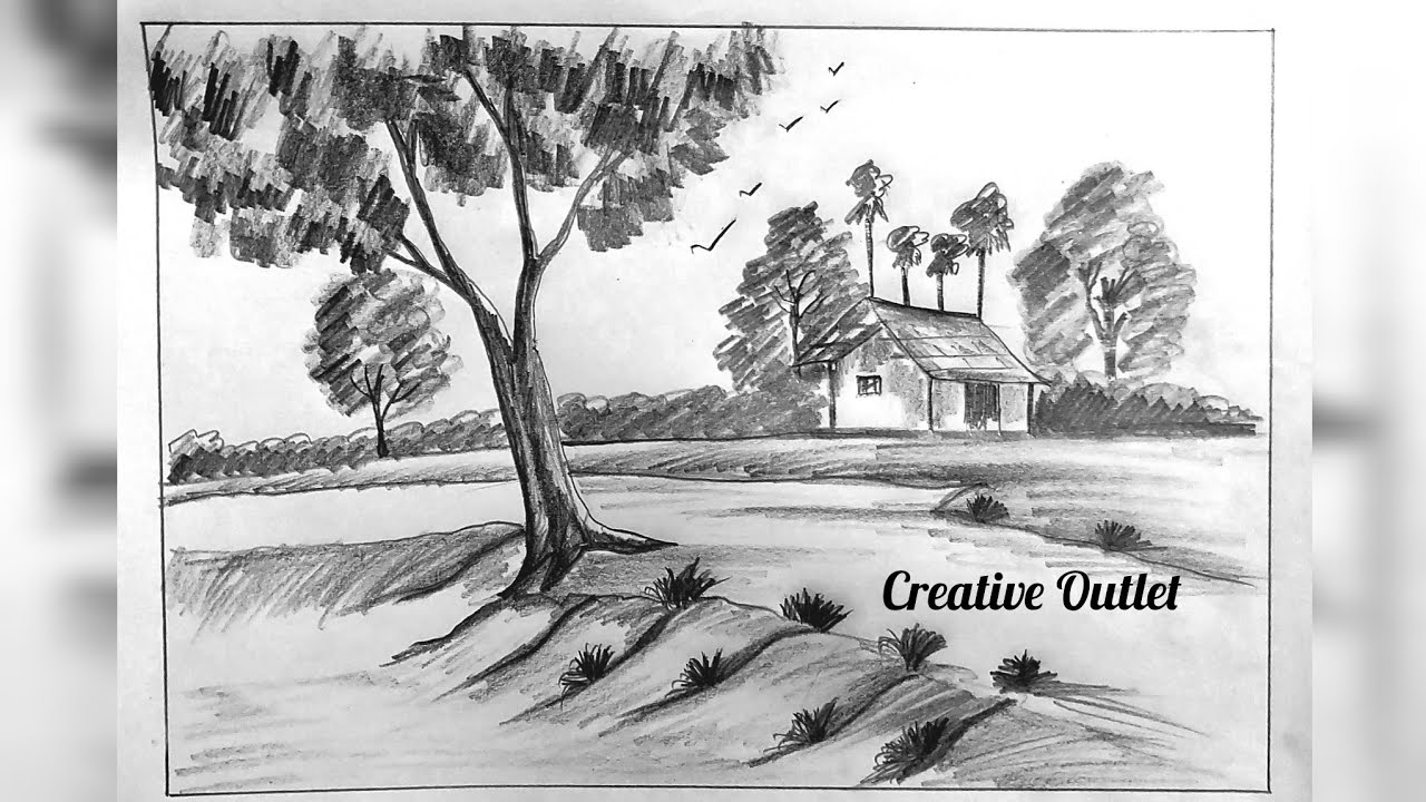 Drawing Easy Scenery//Sketch With Pencil ✏️ #shading #creativeoutlet