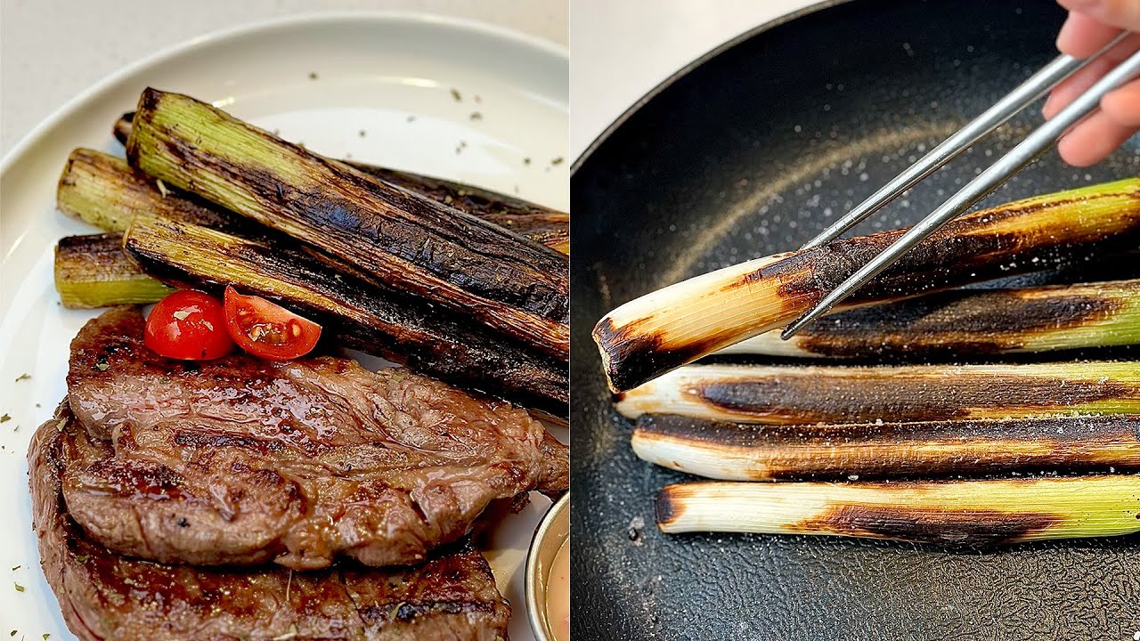Spanish-style grilled green onion, Kalsotada 🔥 #칼솟타다 🥩🔥