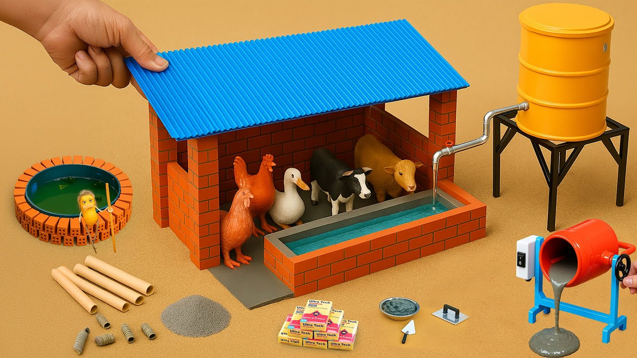 Diy Mini Bricks Cow Shed With Water Tank | Miniature Construction Science Project@DIYTractorKings