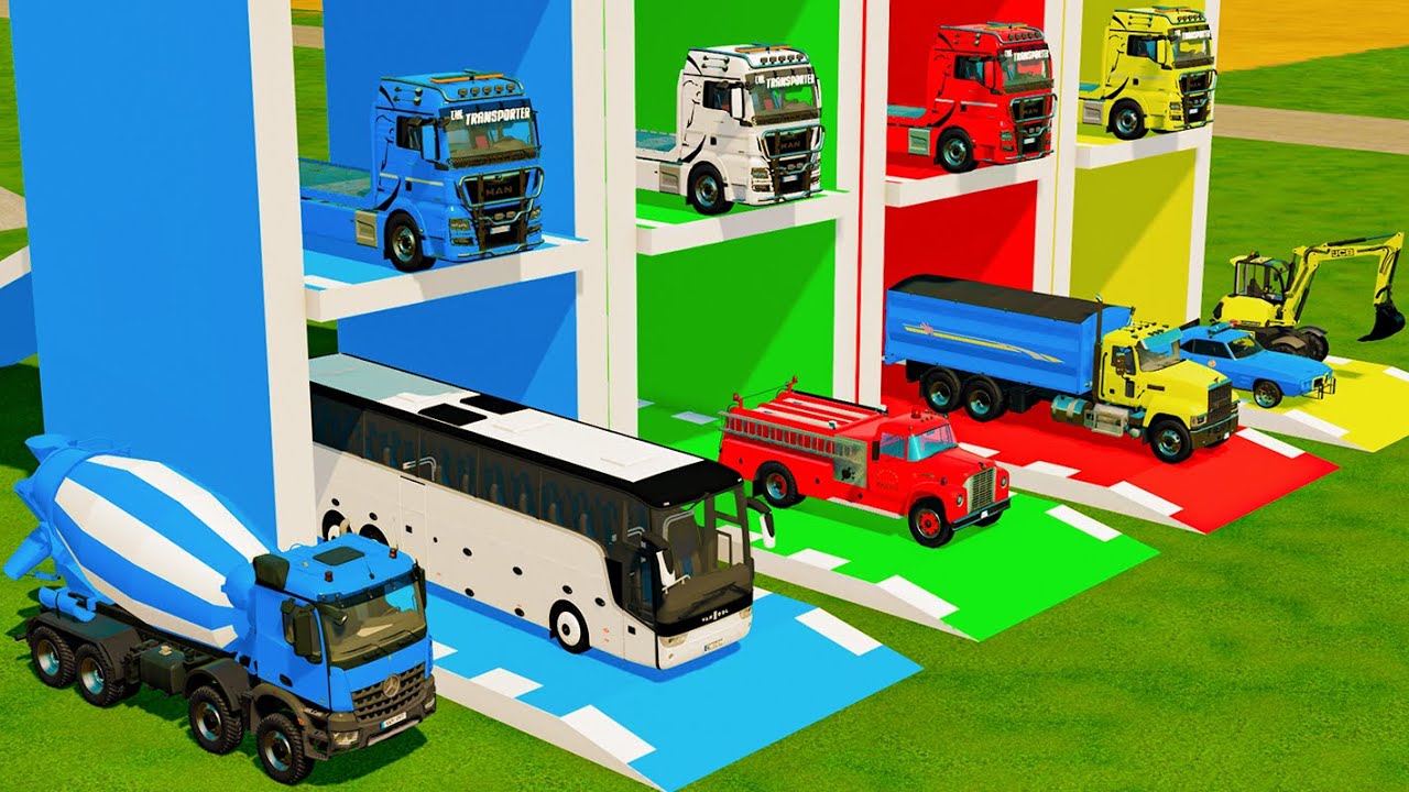 TRANSPORTING MERCEDES MINI BUS, VOLKSWAGEN POLICE, FORD POLICE, MERCEDES FIRE TRUCK TO GARAGE - FS22