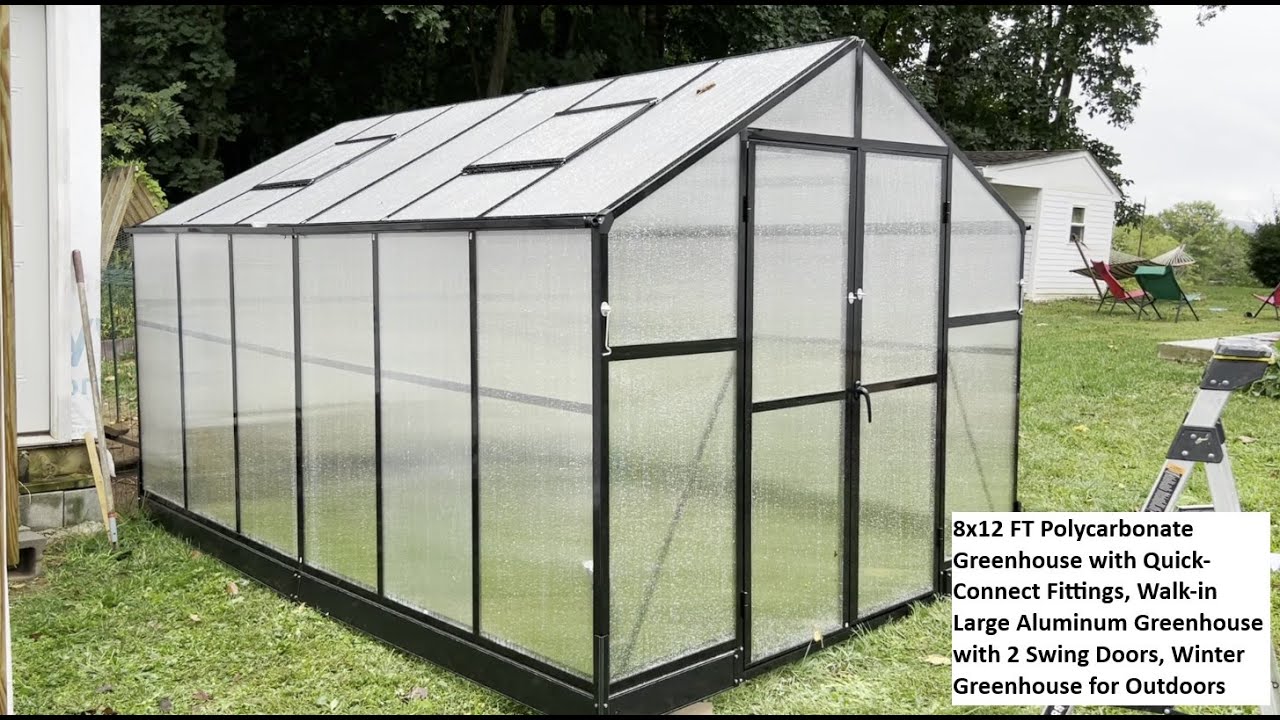 8x12 FT Polycarbonate Greenhouse, Quick-Connect Fittings, Walk-in Large Aluminum Greenhouse