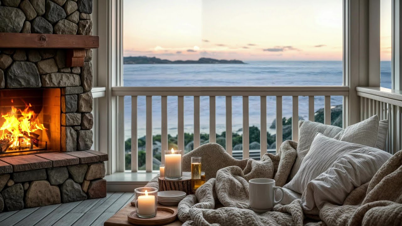 Cozy Seaside Sunset Ambience 🌅🔥 | Fireplace Warmth & Ocean View for Relaxation