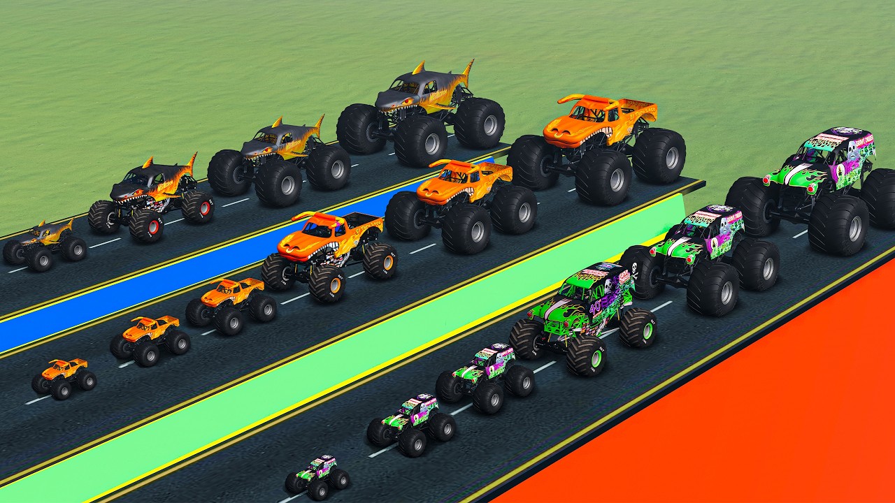 BeamNG 15 Big & Small Monster Trucks Racing and Jumping Through Giant Portal