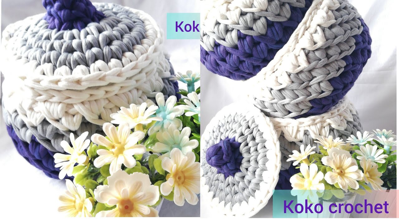 كروشيه باسكيت /بوكس بخيط الكليم المصري crochet Basket /box with T_shert yarn