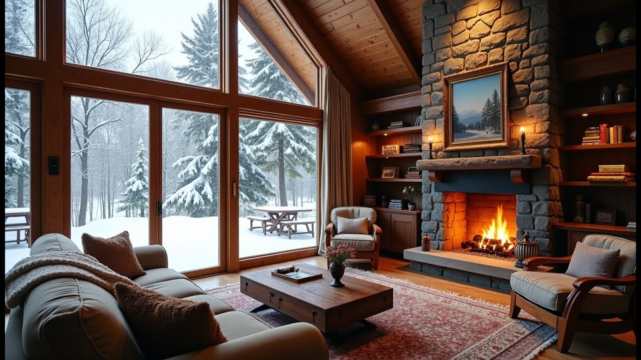 10 Hour Fireplace Ambience | Snowing Outside, Warm Inside