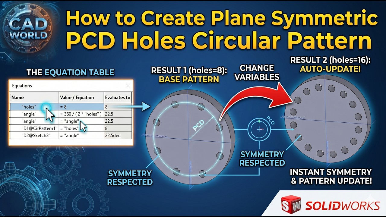SolidWorks | How to Create Plane Symmetric PCD Holes Circular Pattern using Equations & Variables