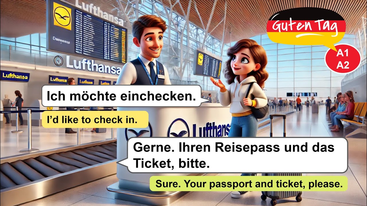 German at the Airport ✈️ | Simple Check-In Conversation for Beginners (With English Translation)
