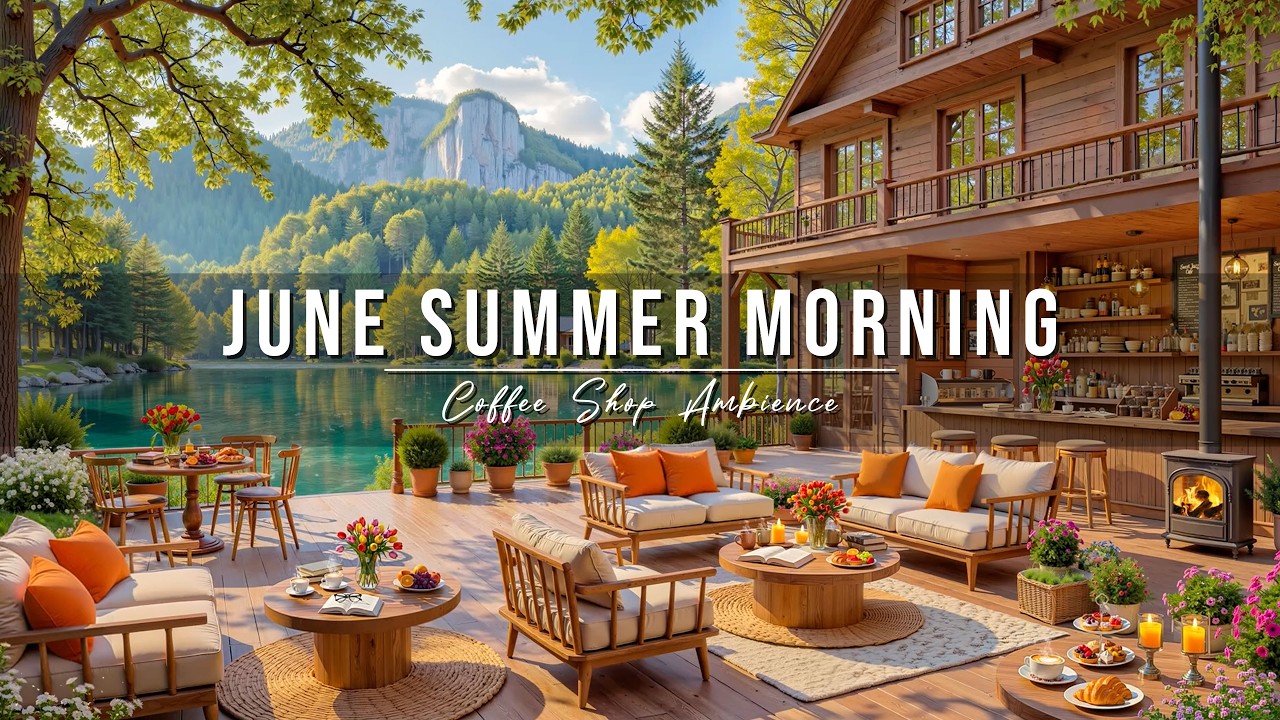Tranquil June Summer Morning ☀️ Outdoor Coffee Shop Ambience ~ Smooth Jazz Music for Work & Relax
