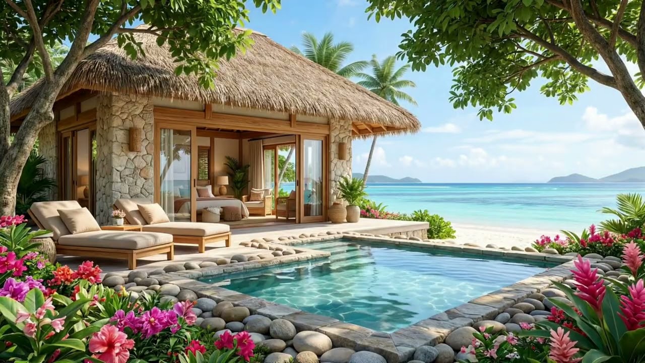 4K Tropical Beach Villa 🌴 Luxury Plunge Pool | Tropical Chillout Lounge Music