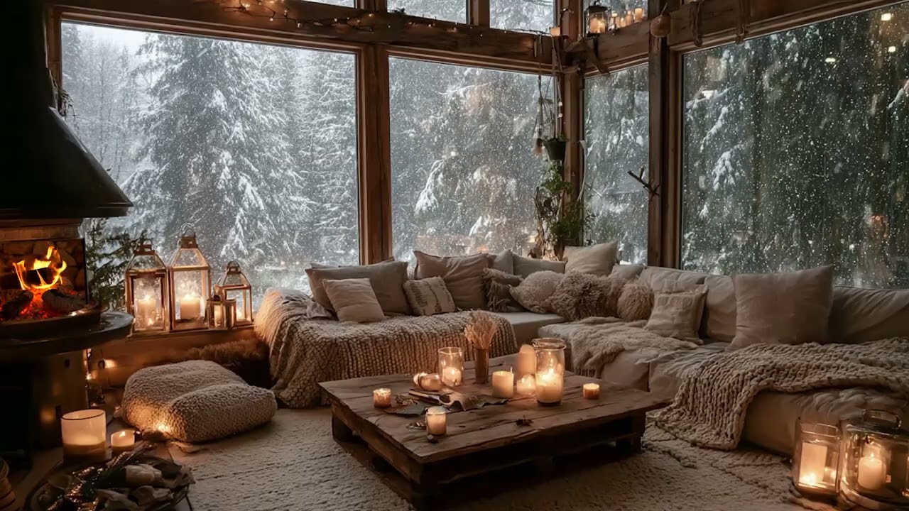 Relaxing Winter Cabin 4K Fireplace 🔥🏡 | Calm Piano Music for Stress Relief