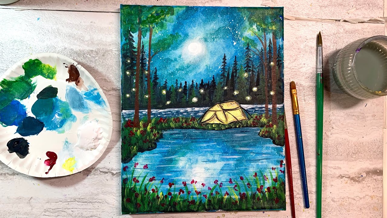 Step-by-Step Acrylic Painting | Peaceful Camping Night by the Water (#37)