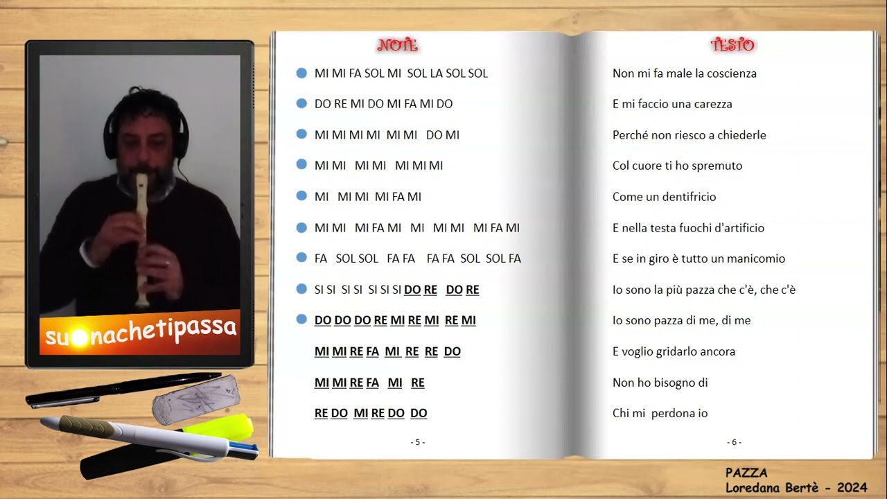 PAZZA - Loredana Bertè - Videoguida per flauto/note per strumenti  in DO con base - 5