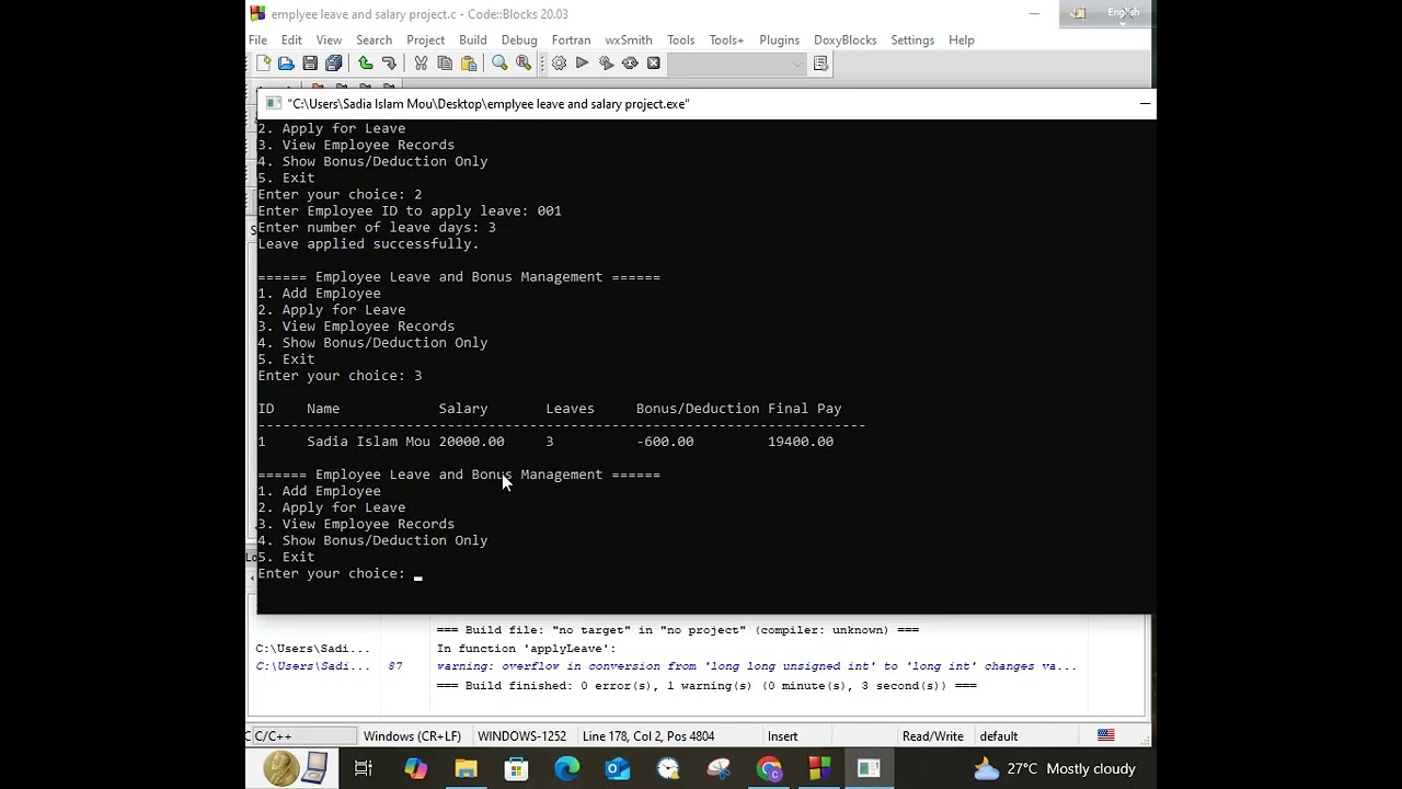 Employee Leave and salary managment project in C++