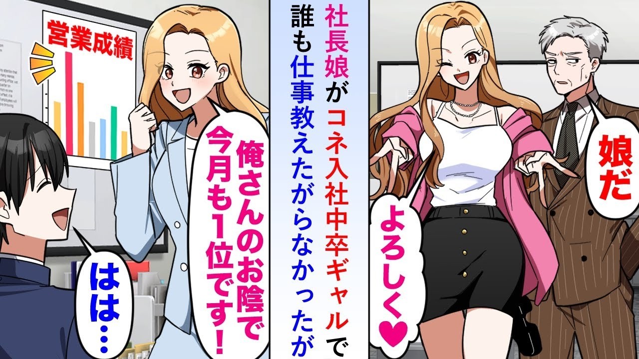 【漫画】社長娘がコネ入社中卒ギャルで誰も仕事教えたがらなかったが俺が教育係になると「俺さんのお陰で今月も一位です！」【恋愛マンガ動画】
