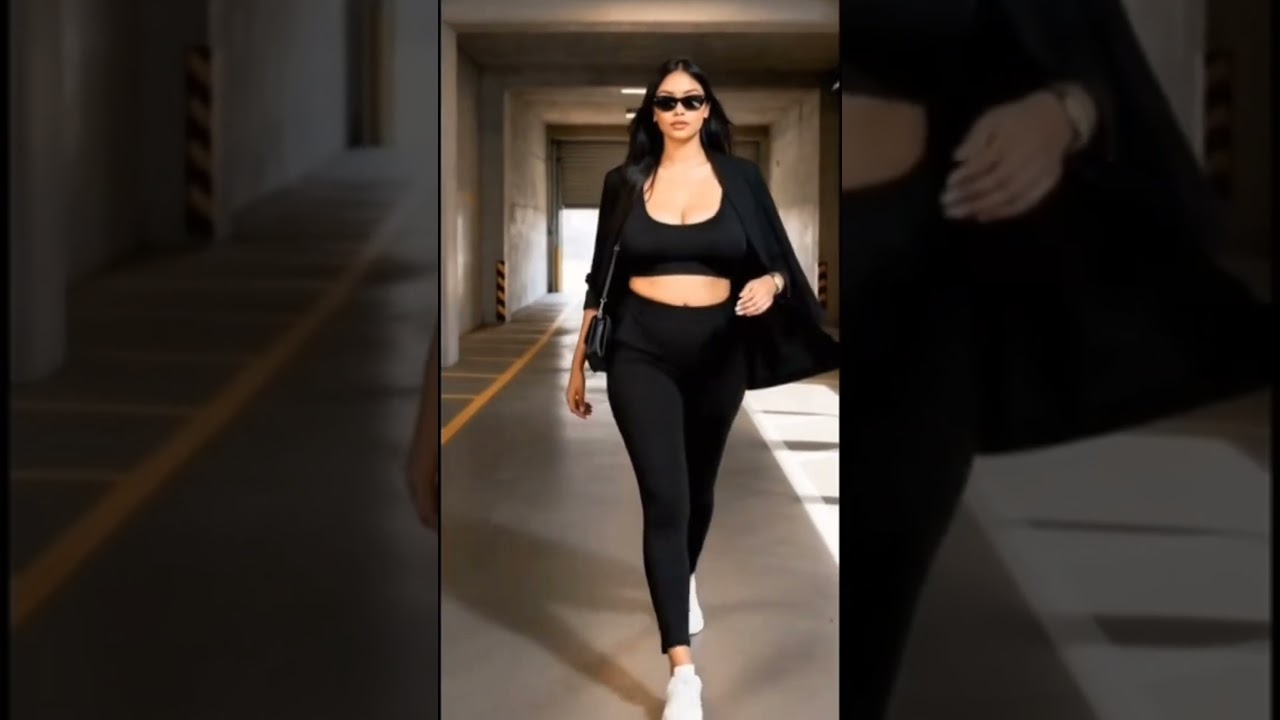 OOTD: Fitted black crop top, high-waisted wide-leg black trousers, and clean white chunky sneakers.
