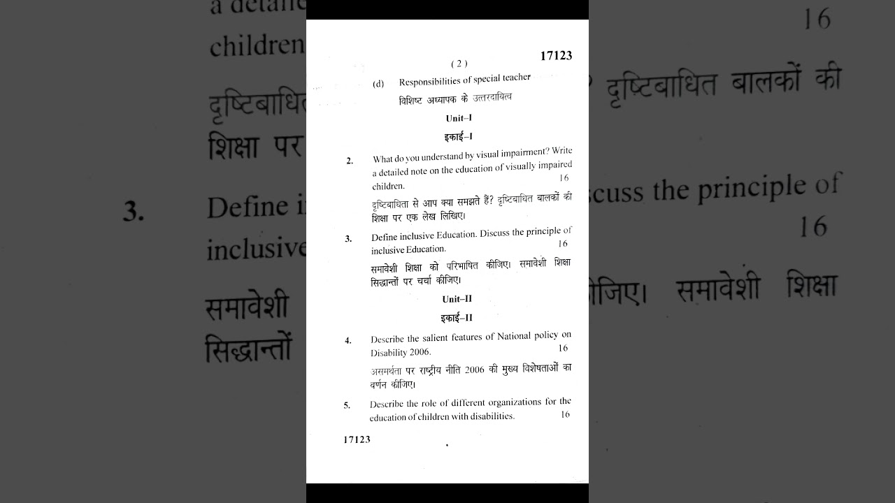 Creating an Inclusive School | Question Paper 2025 | B.Ed 2nd year
