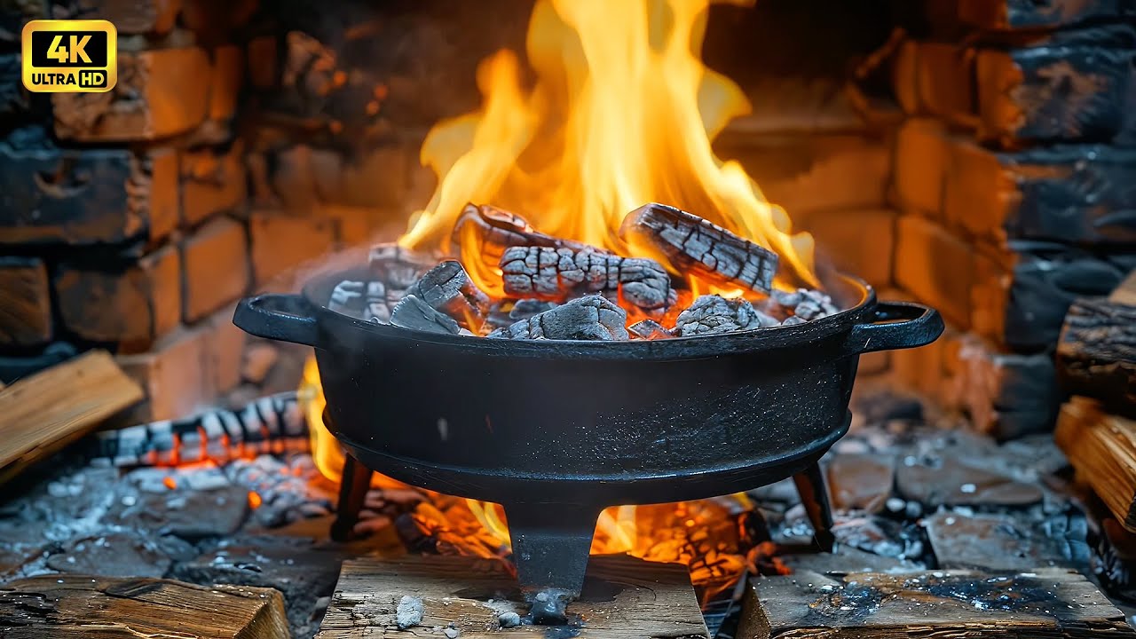 Cast Iron Fireplace & Brick Ambience | Cozy Crackling Wood Fire for Sleep | 4 Hours | 4K Ultra HD