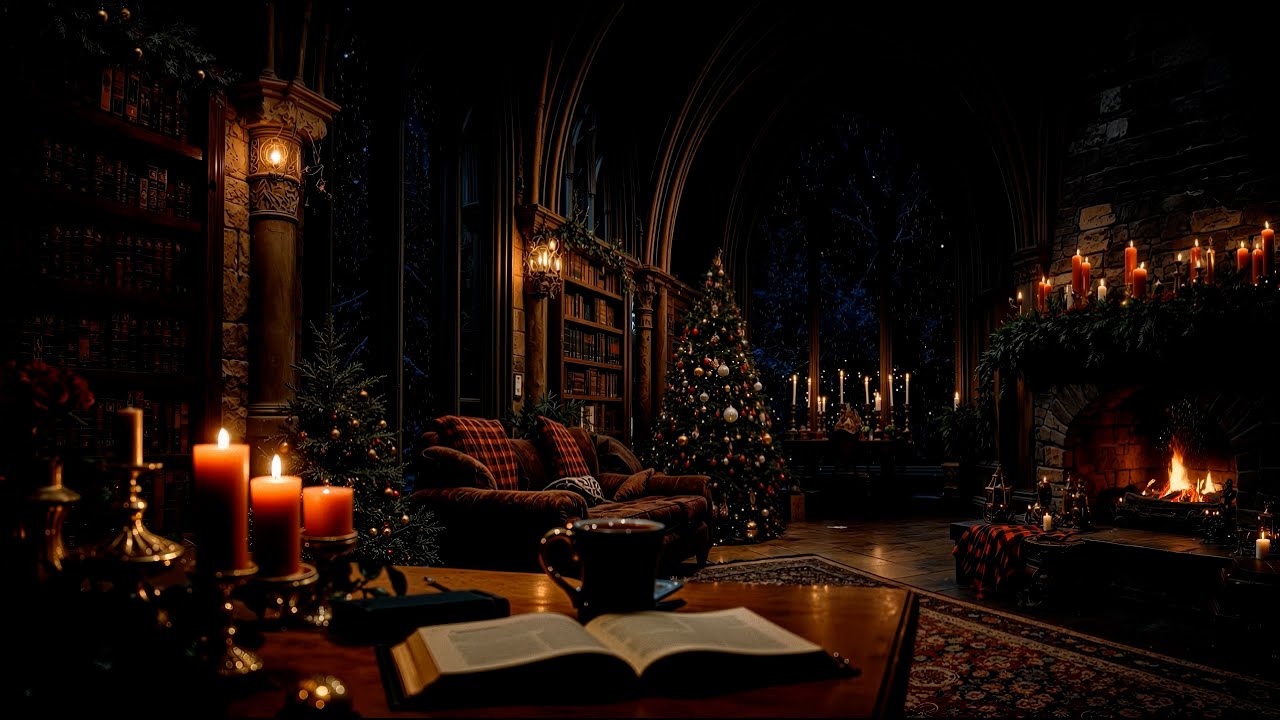 Cozy Christmas Library Ambience — Victorian Study on a Snowy Night