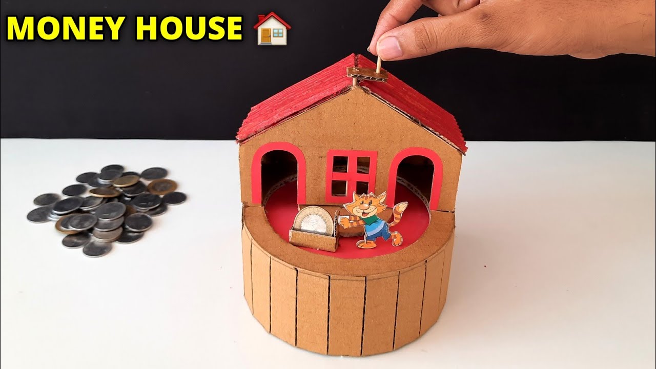 How to make cat piggy bank , cardboard house making , coin collector toy , rotating toy