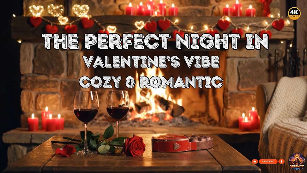 Romantic Valentine’s Day Fireplace Ambiance 🍷 4K Cozy Crackling Fire & Music for Date Night. 