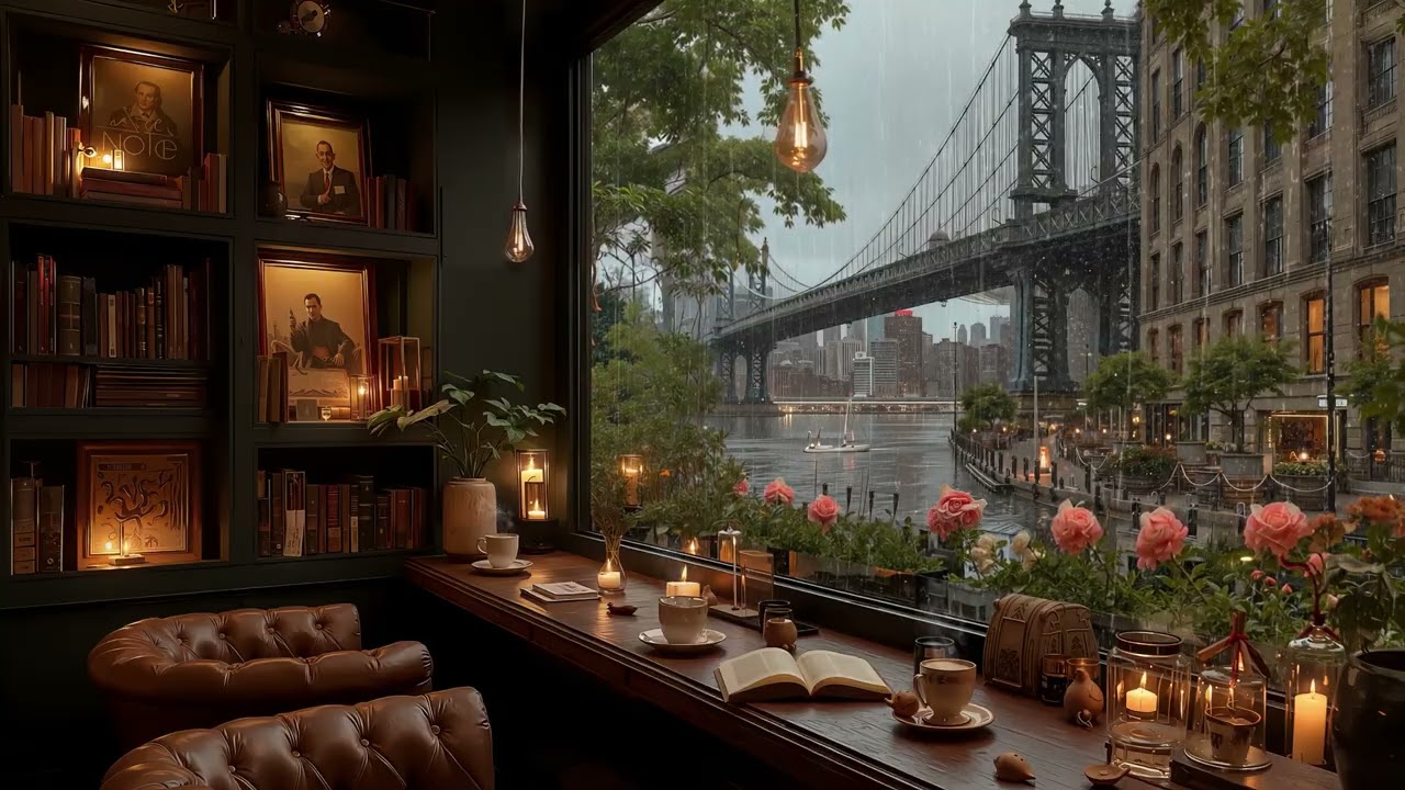 Spring Jazz Night at a Manhattan Bridge Café ☕ Gentle Jazz at East River for Study, Focus
