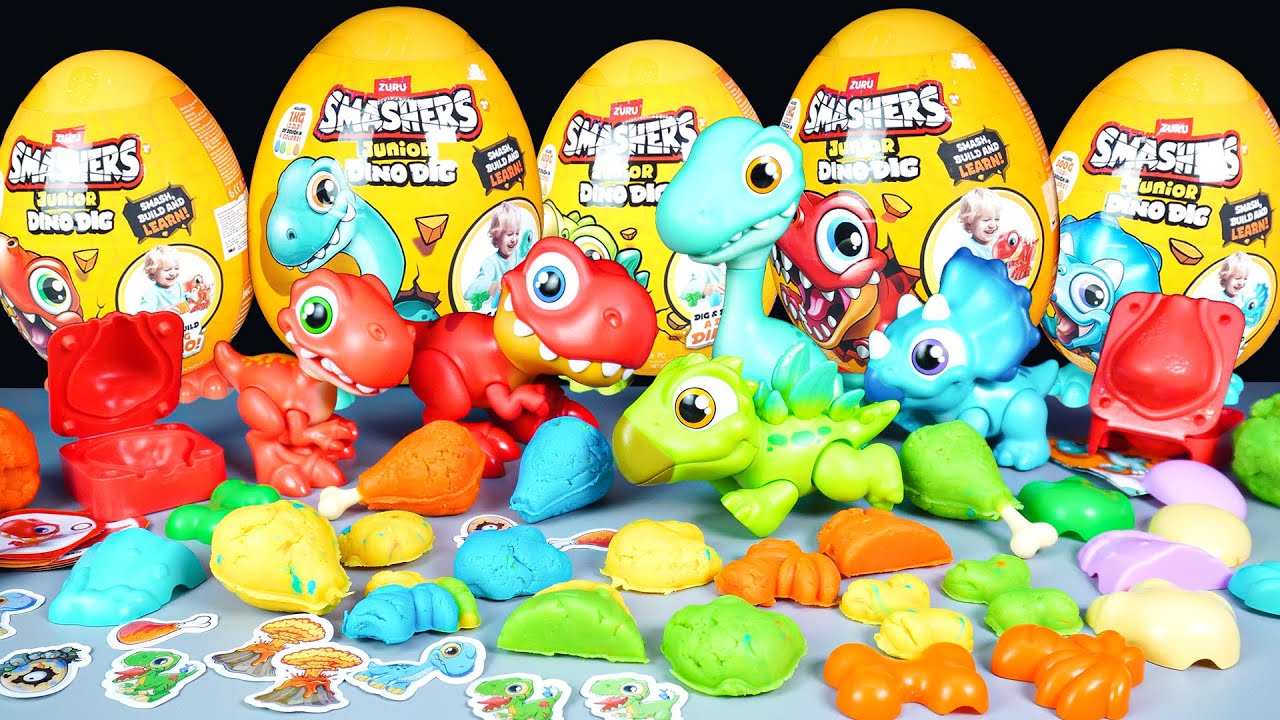 5 DINOSAUR EGGS: T-REX, BRONTOSAURUS, TRICERATOPS, STEGOSAURUS, RAPTOR-ZURU SMASHERS-ASMR-DKT 240517
