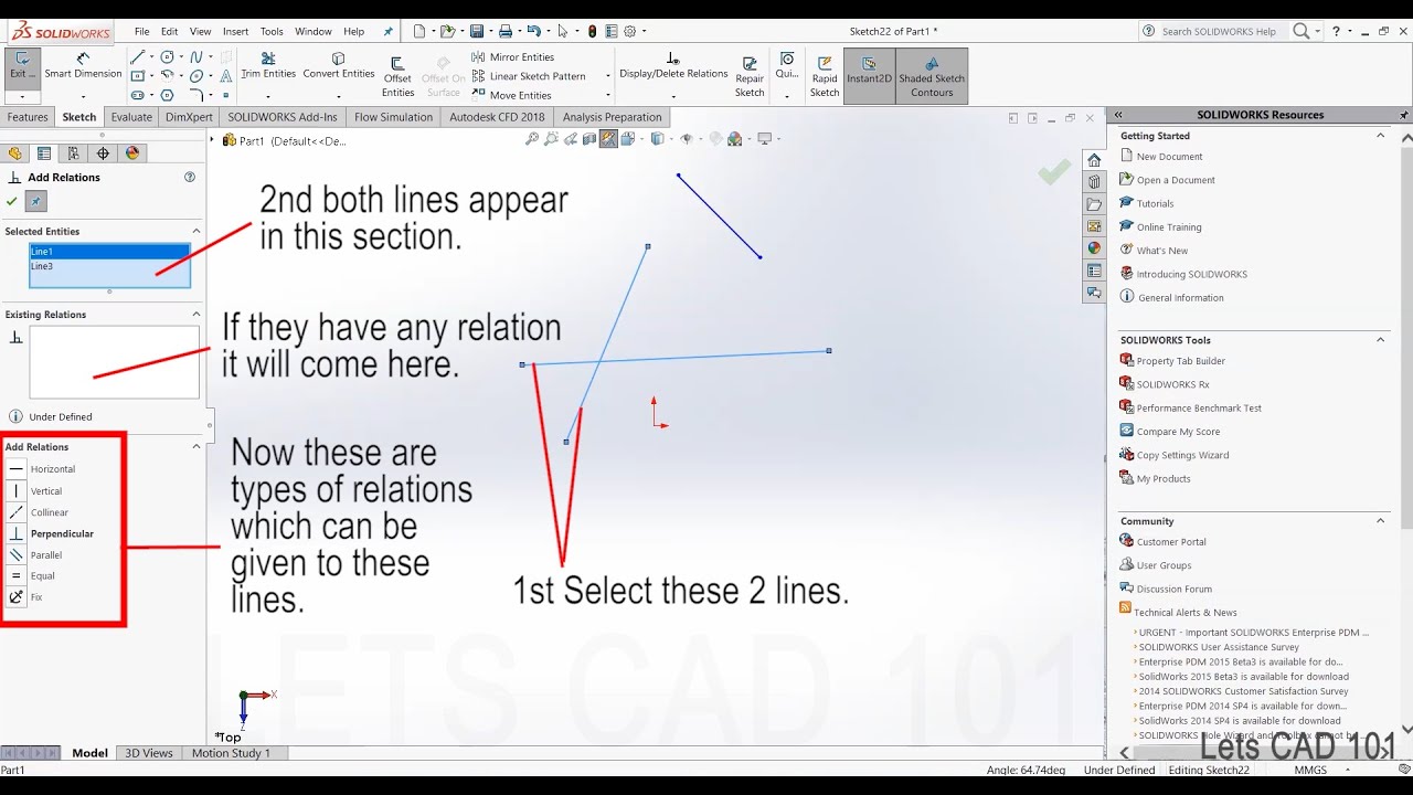 Solidworks Sketch- Display Relations and Add Relations