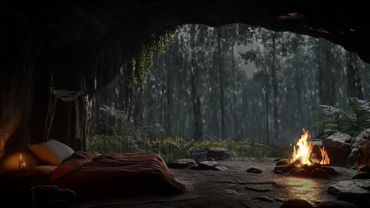 Cozy Forest Cave Ambience with Heavy Rain and Gentle Fireplace Sounds for Calm Mind and Deep Sleep