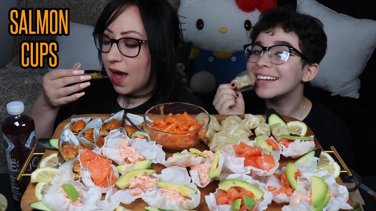 SALMON CUPS, SPICY RICE CAKES AND BAKED MUSSELS MUKBANG | EATING SHOW