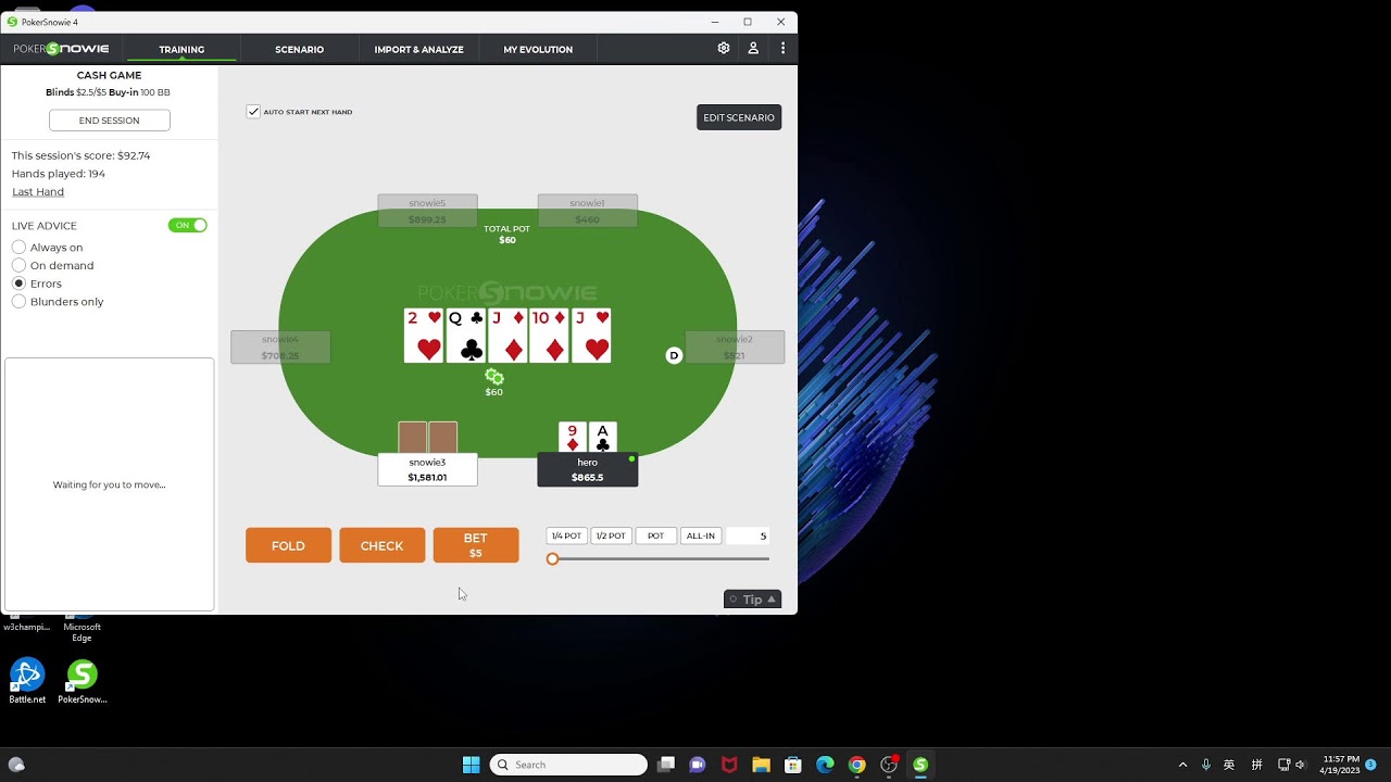Cash game play and review with Pokersnowie! Never stop improving!