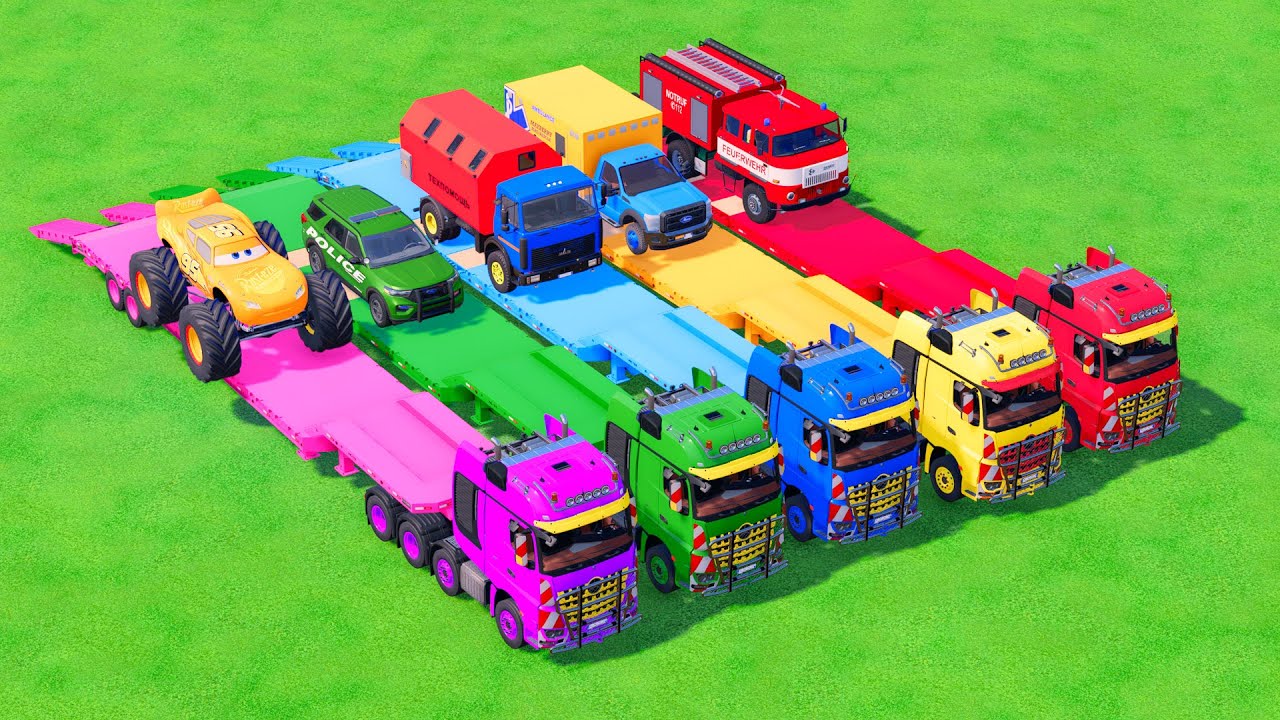 Transport von Polizeiautos, Bagger, Feuerwehrauto und Mercedes! Farming Simulator 22