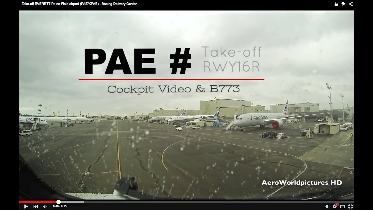 Take-off at EVERETT Paine Field airport (PAE/KPAE) Boeing factory - cockpit view