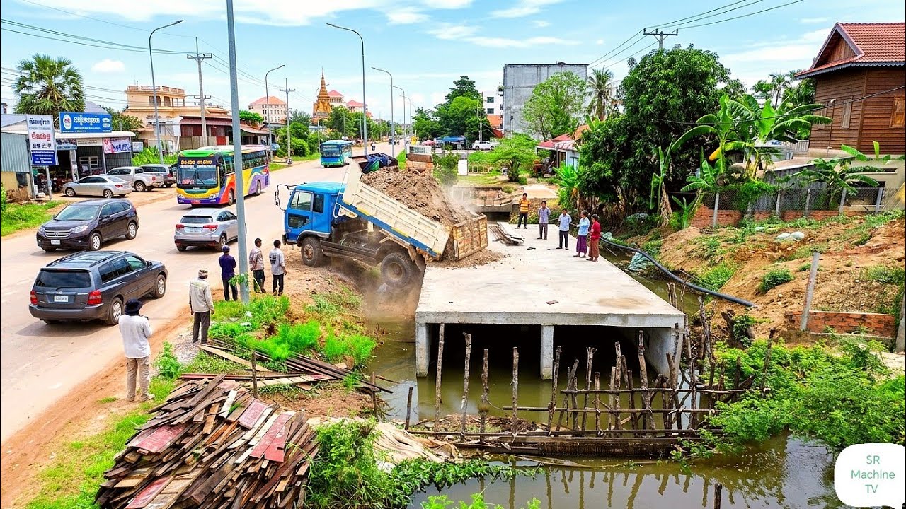 Amazing Complete Drainage Across Water PROJECT! By 5-T Dump Trucks Unloading Soil & Excavator CAT